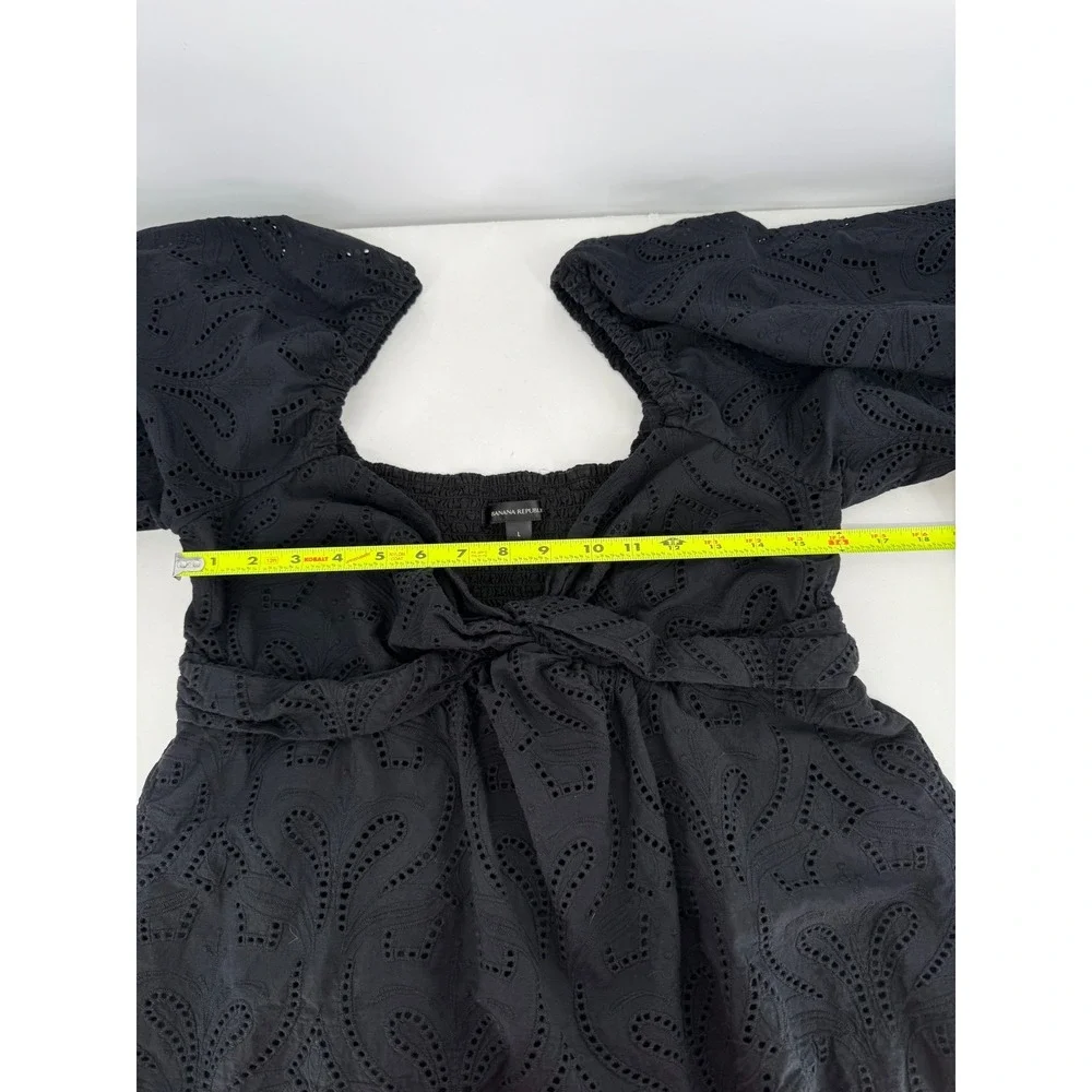 Banana Republic Black Eyelet Smocked Peasant Blouse Square Neck‎ Top Sz L